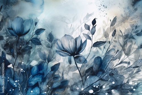 Watercolor background with blue and black botanical elements. Generative AI