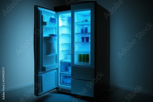 Modern fridge's interior is empty and lit blue. Generative AI