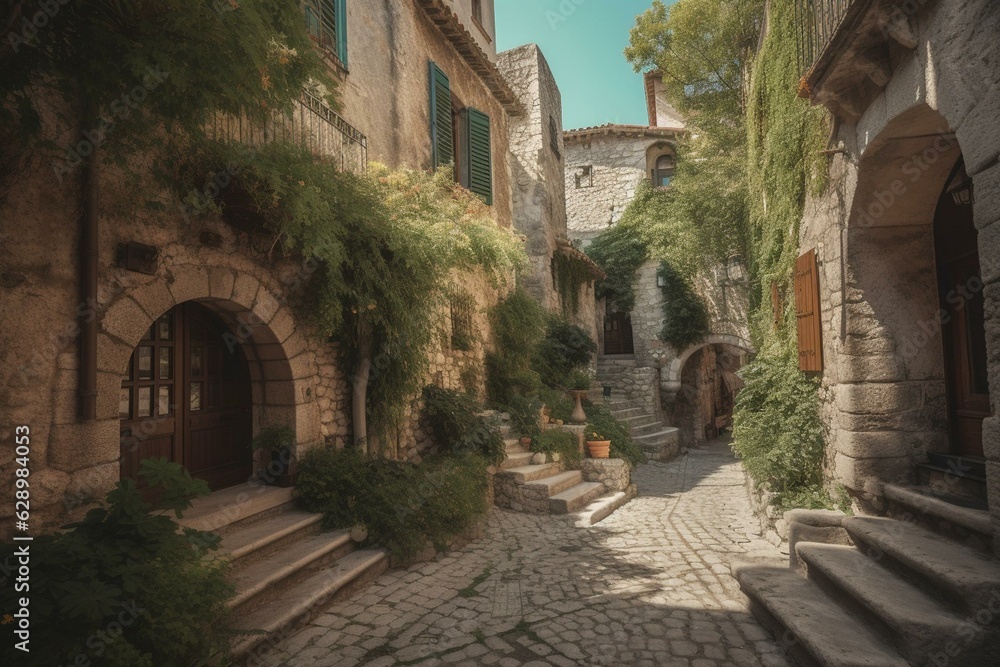 Beautiful medieval street in Antibes, Cote d'Azur, France. Generative AI
