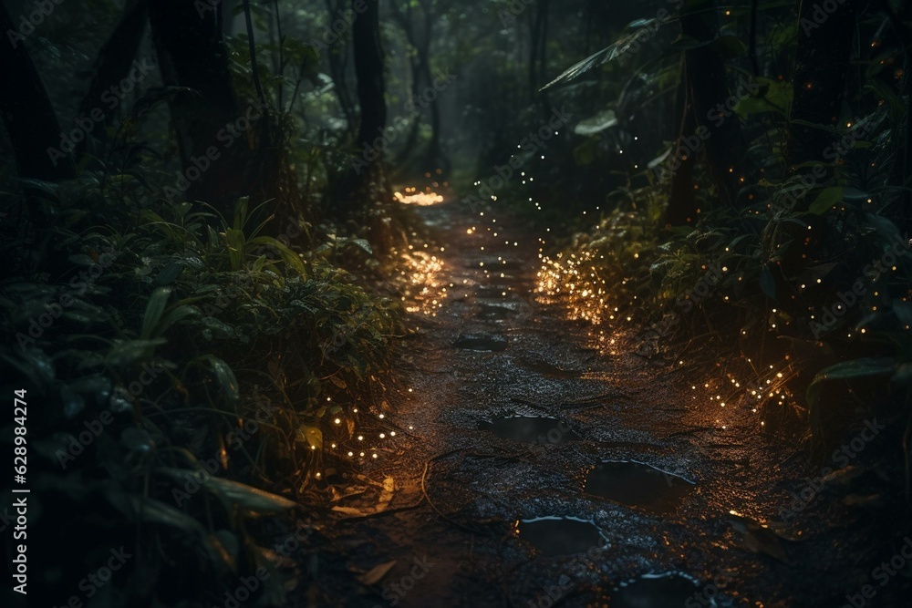 Enchanting fireflies light up an enchanting path. Generative AI