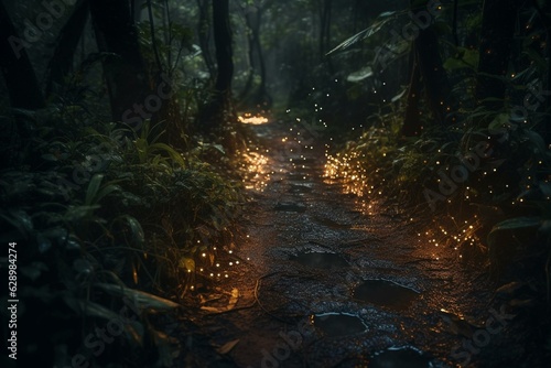 Enchanting fireflies light up an enchanting path. Generative AI