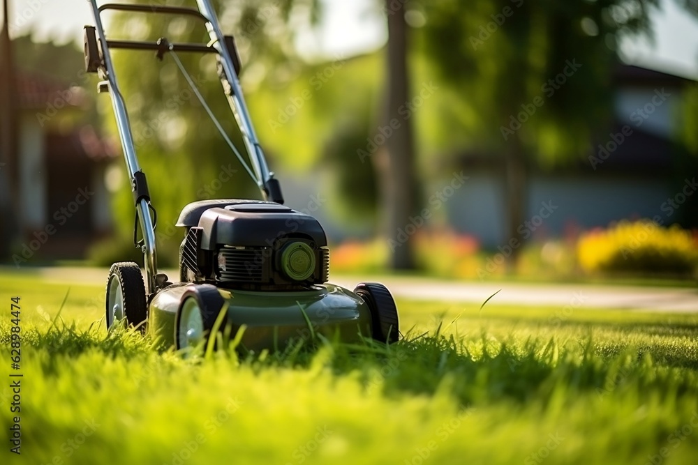 Focus on Vacuum Cleaner and Artificial Turf for Easy Lawn Care and Maintenance. AI Stock Photo
