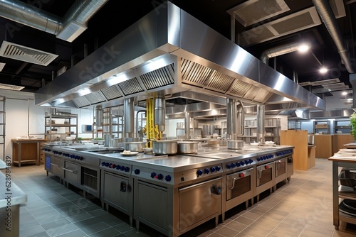 Commercial Kitchen Ventilation and Exhaust System: Hoods Above Cooking Stations and Ceiling Vents. AI photo