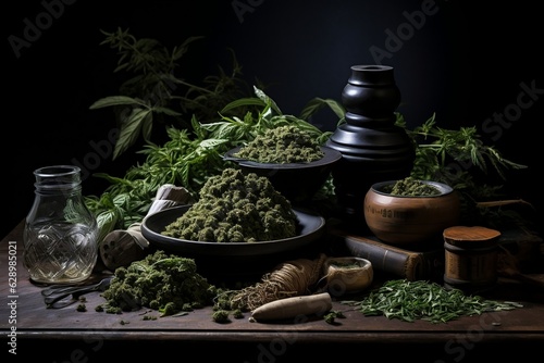 Medicinal Cannabis Still Life: Mortar, Pestle, and Cannabis Plants in a Dark Scene. AI