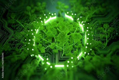 Green technology. 3D illustration of green leaf with circuit board background. 3D rendering