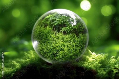 Green technology. Glass sphere with green moss on nature background. Environment conservation concept.