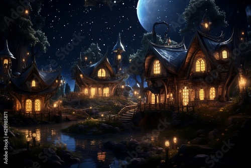 Elves' Houses in the Enchanting Starry Night. AI