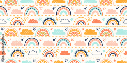 Boho baby whimsical rainbow vector seamless wallpaper. Modern hand drawn background with arches. Childish Scandinavian colourful decorative nursery fabric, textile, gift wrapping paper