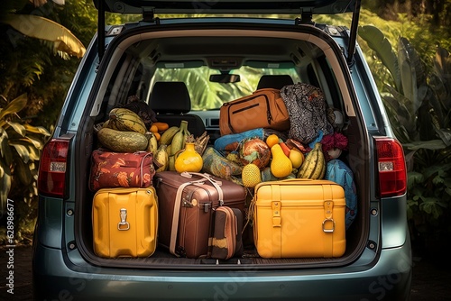 Ready for Holidays: Suitcases and Bags Packed in Car Trunk. AI