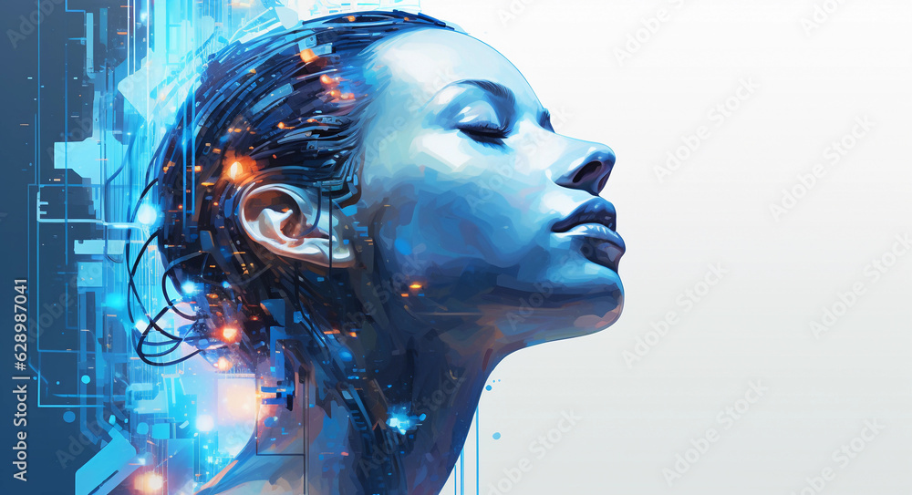 a woman's head, artificial intelligence model, radiant colors and energy. the fusion of human and AI capabilities, cognitive science, artificial intelligence development ( Generated with AI) a woman's head, artificial intelligence model, radiant colors and energy. the fusion of human and AI capabilities, cognitive science, artificial intelligence development ( Generated with AI)