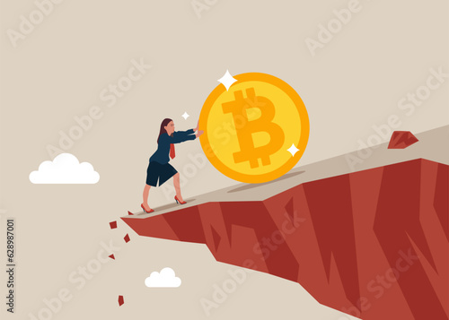Woman investor push Bitcoin from falling down the cliff. Pushing Bitcoin prevent from price falling down, cryptocurrency risk. Vector illustration