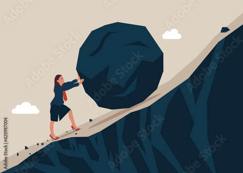 Businesswoman pushing huge stone up the hill. Business problem crisis hardship and burden. Vector Illustration.
