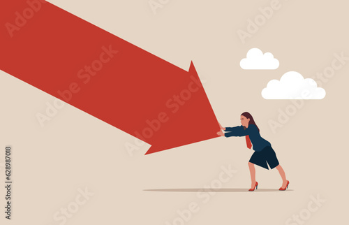 Woman pushing falling down arrow with full effort. Survive investment crash, effort to win business challenge, economic recession. Vector illustration