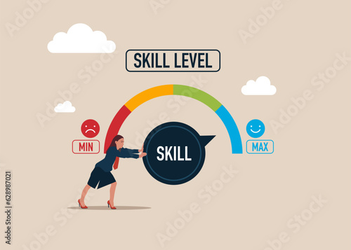 Woman pushing progress bar up to maximum position. Increasing Skills Level. Vector illustration