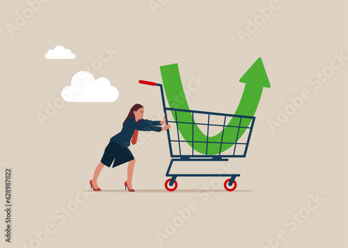 Woman investor buy stock with down arrow graph in shopping cart. Purchase stock when price drop. Make profit from market collapse. Vector illustration.