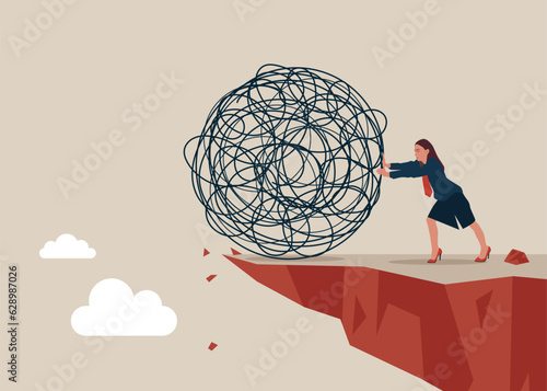 Woman push messy chaos stress ball off a cliff. Depression and anxiety caused by stress and pressure, relaxation help relieve stress. Vector illustration