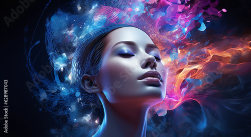 a woman's head, artificial intelligence model, radiant colors and energy. the fusion of human and AI capabilities, cognitive science, artificial intelligence development ( Generated with AI)