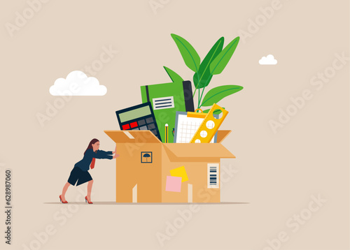 Woman pushing box with office supplies. Beginning of business career. Welcome employee. Vector illustration.