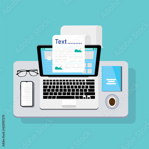 creative content writing services illustration. Content writer. Blog articles writing. creating online notes on pc or writing electronic document text grammar.