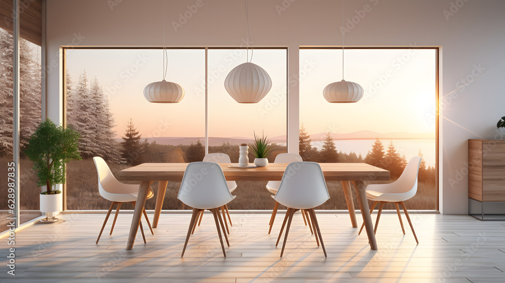 Modern dining room at sunset. Generative AI Modern dining room at sunset. Generative AI