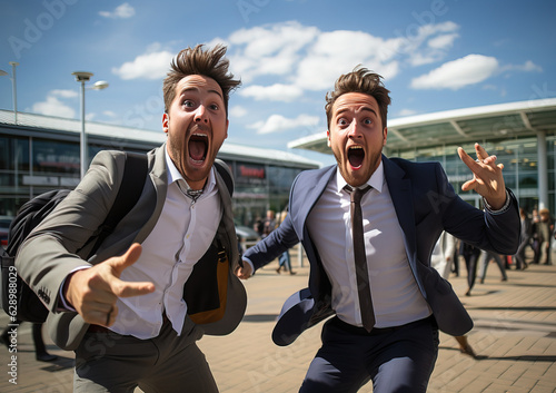 Men in suits jumping with j...