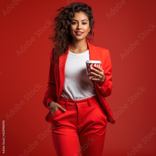 woman in red drinking coffe...