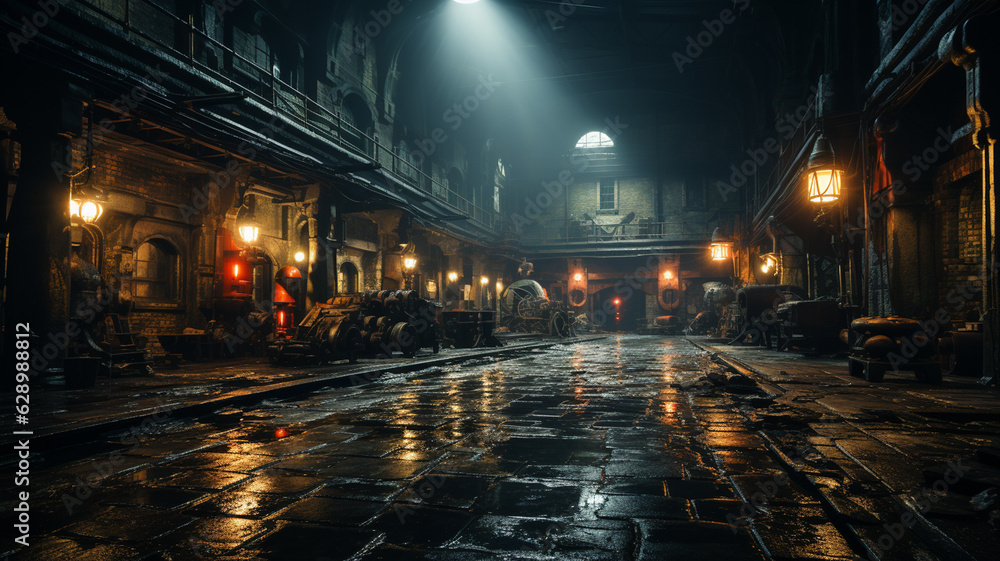 interior of an abandoned factory with neon light and glowing walls.generative ai interior of an abandoned factory with neon light and glowing walls.generative ai