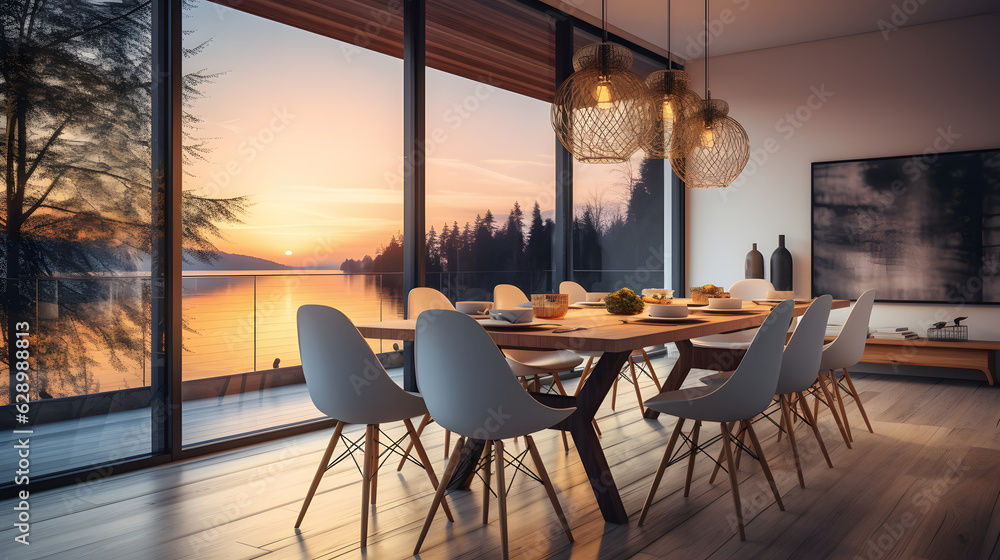 Modern dining room at sunset. Generative AI