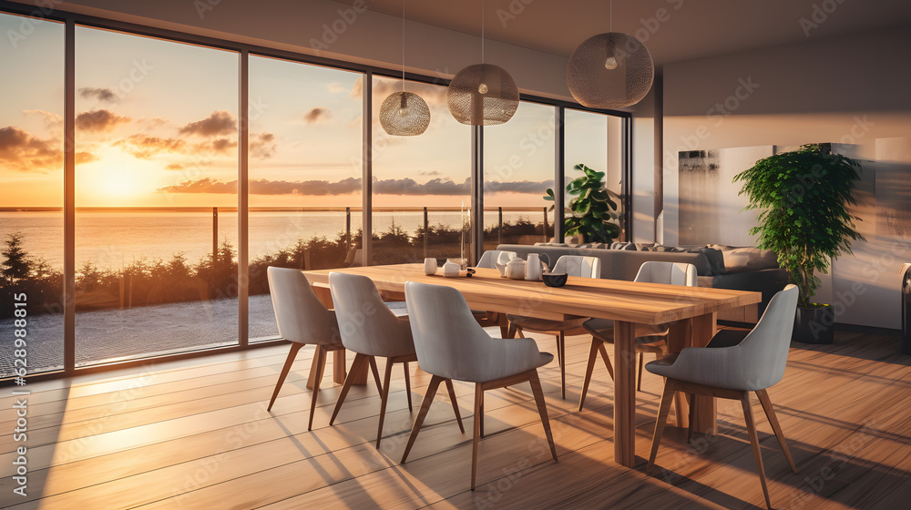 Modern dining room at sunset. Generative AI