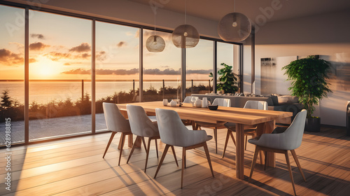 Modern dining room at sunset. Generative AI