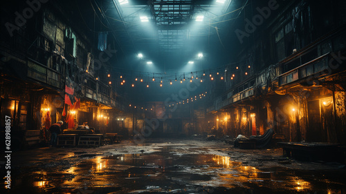 interior of an abandoned factory with neon light and glowing walls.generative ai © S...