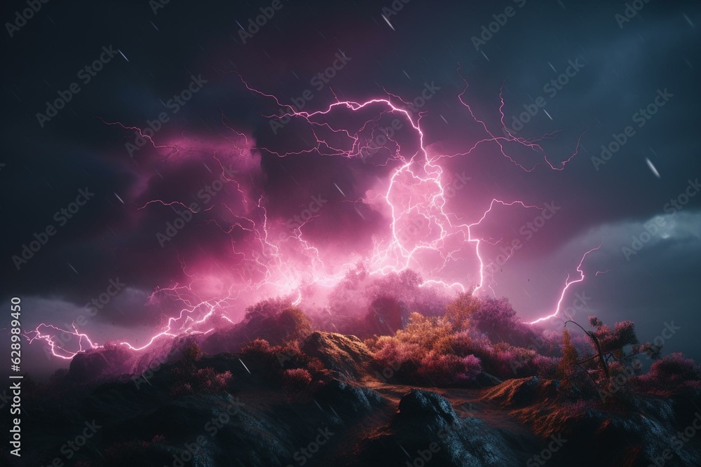 Vivid 3D rendering of a pink electricity storm with tornado vortex and intense lightning. Generative AI - obrazy, fototapety, plakaty 