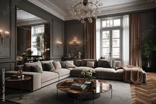 3d rendered luxury home living room. Elegant interior of a house. Generative AI © Iliana