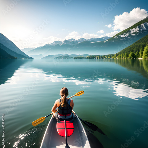Alpine Serenity: Young Woman Canoeing on a Mountain Lake. generative AI © EVISUAL