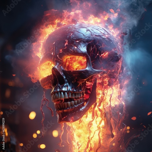 Human skull burning in flames. Halloween concept. 3D Rendering © lebanmax