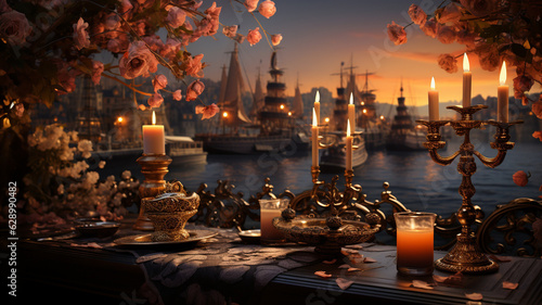romantic dinner on the sea.generative ai