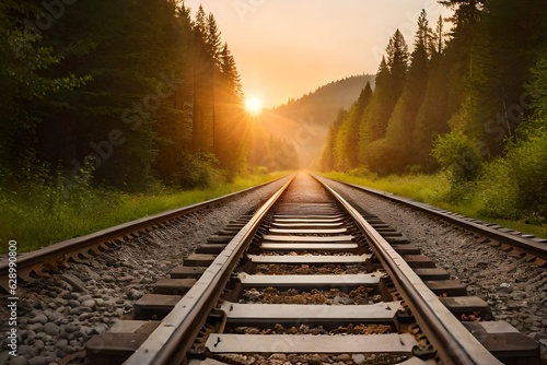 Abandoned train tracks in the middle of the forests, tall trees and sunset background