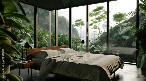 A luxurious and dreamy bedroom with floor-to-ceiling windows overlooking a lush and green forest photo
