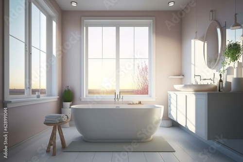 Bright bathroom with tub  sink  and wide window. Placeholder. Generative AI