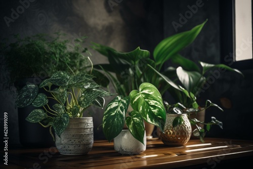 Various potted indoor plants, such as Marble Queen Pothos & Prayer Plant, decorate nearby tables. Generative AI