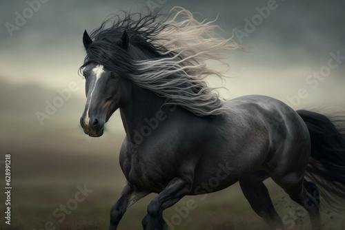 A beautiful horse with a black mane and grey coat gallops freely in nature, with its hair flowing in the wind. Generative AI © Andromeda