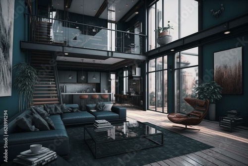 Sleek loft with contemporary interior design in moody hues. Generative AI