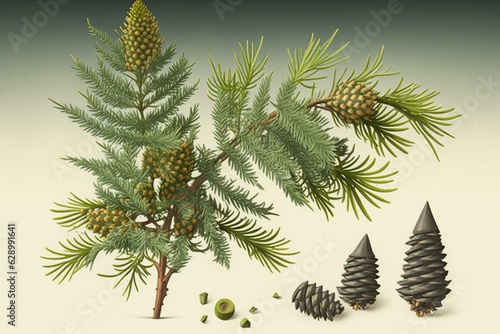 Evergreen tree with cones and needle scale-like leaves. Generative AI