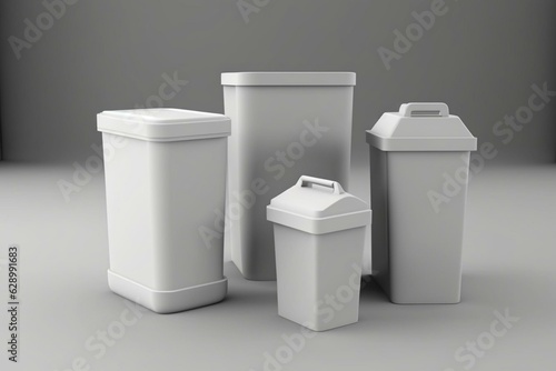 Trash bins on white surface. Generative AI