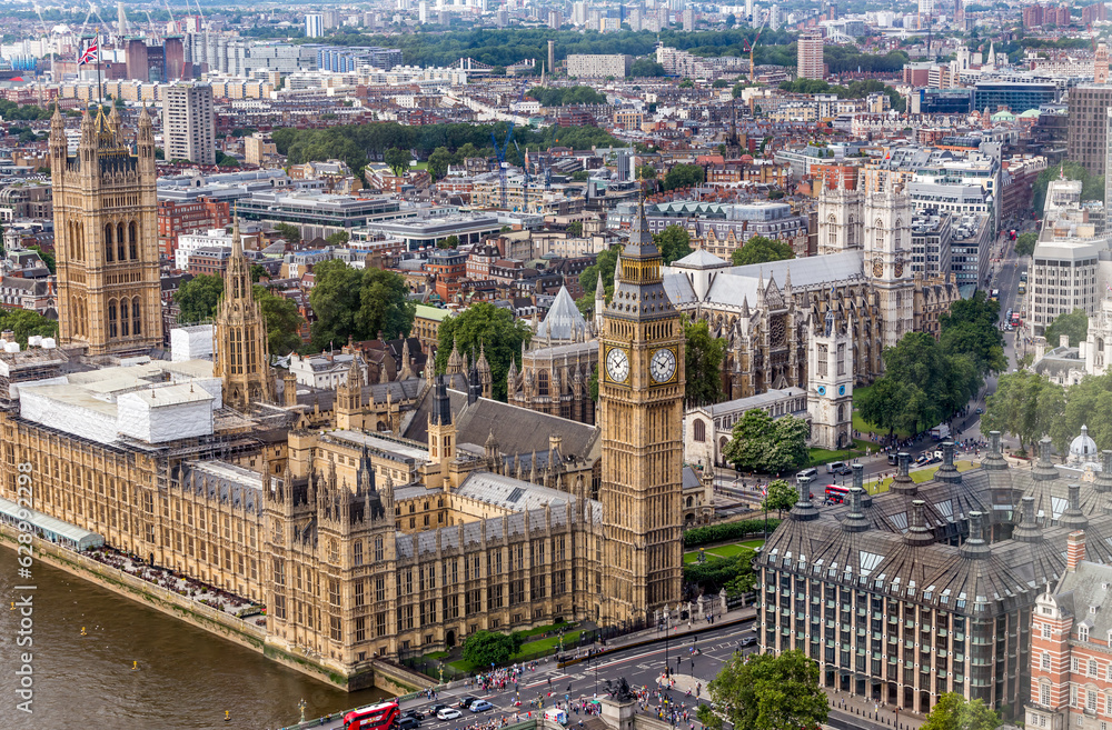 Big Ben in London from above, panorama
