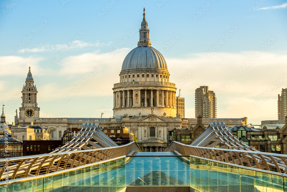 Millennium Bridge and St Paul's Cathedral in London in the morning