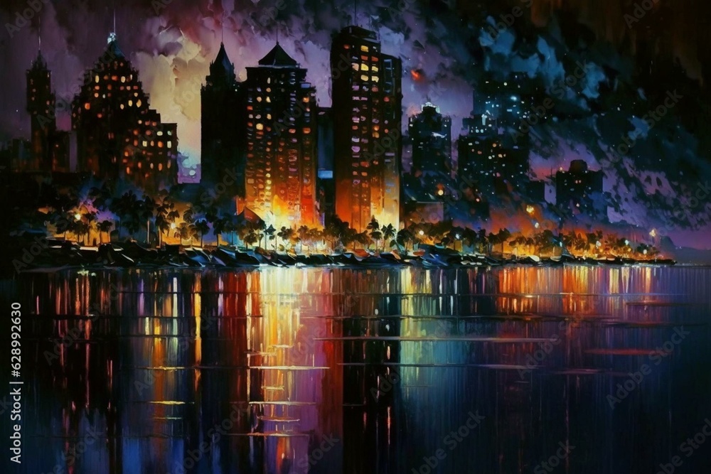 Colorful nighttime cityscape painting. Generative AI