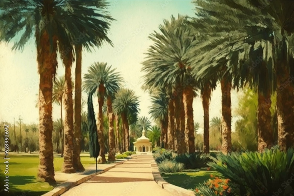 Impressionist park landscape with tall palm tree walkway. Generative AI