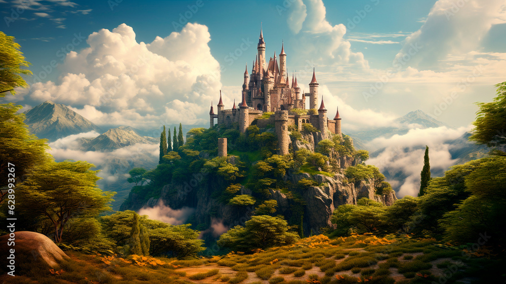 fantasy castle on a hill with a forest in the background. Generative AI ...