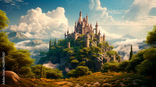 fantasy castle on a hill with a forest in the background. Generative AI illustrator